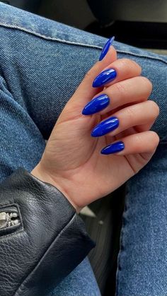 Colbolt Blue Nails Almond, Almond Blue Nails, Electric Blue Nails, Blue Stiletto Nails, Nail Laquer, Blue Nail Polish, Fire Nails, Pretty Acrylic Nails