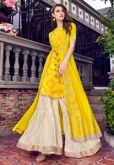 Yellow tussar sharara suit with jacket 6405 Gown With Jacket, Blouse Lehenga, Sharara Designs, Indian Salwar, Gaun Fashion, Indian Gowns Dresses, Book Catalogue, Trendy Dress Outfits