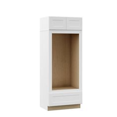 a white cabinet with wooden doors and drawers