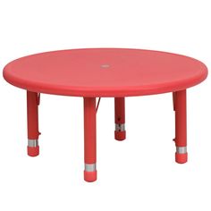 a red plastic table with two metal legs