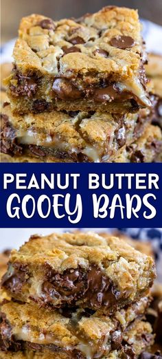 peanut butter gooey bars stacked on top of each other