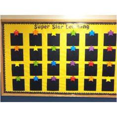 a bulletin board with stars on it and the words super star learning written in black