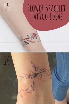 the different tattoo designs are shown on both sides of the woman's leg and foot