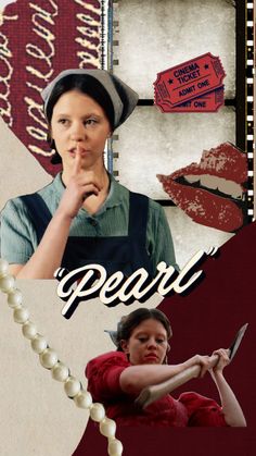 a woman holding a knife in front of a poster with the words pearl on it