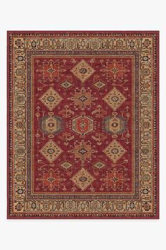 a red rug with an ornate design on the center and sides, in various colors