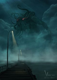 an octopus is standing on a pier in the ocean at night with its eyes glowing