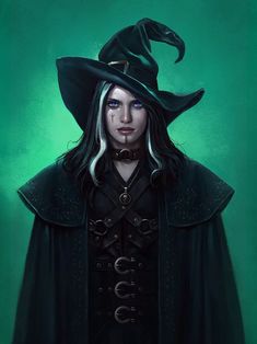 a woman with long hair wearing a witches hat and black coat, standing in front of a green background