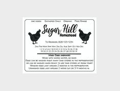 the label for sugar hill homeseed is shown in black and white, with an image of two chickens standing next to each other