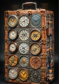 an old suitcase with many different clocks on the front and sides, all in various colors