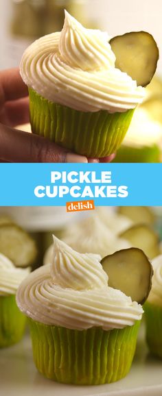 pickle cupcakes with cream cheese frosting and cucumbers on top