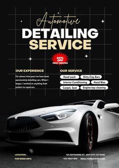 an advertisement for a car detailing service, with the image of a white sports car