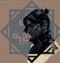 a drawing of a man with long hair and a beard in front of a geometric background