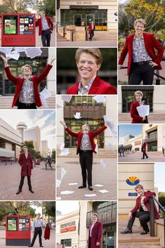 a collage of photos with people in red jackets and black pants, one woman is holding