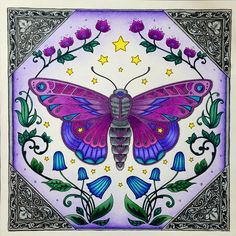 a drawing of a purple butterfly with stars on it's wings, surrounded by flowers and leaves