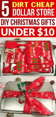 christmas gifts under $ 10 are on display with the text, 5 amazing dollar store diy christmas gifts under $ 10