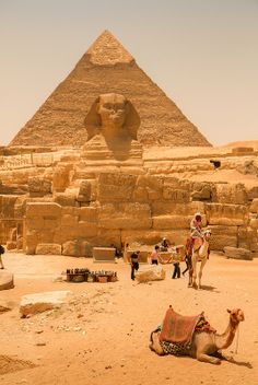 a camel and some people in front of a pyramid