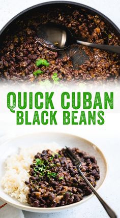 a white plate topped with black beans and rice next to a bowl filled with rice