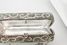 "We just love this small tube shape! Elegant! Fits in your hand! Just the Right Accent! These Formal Evening Purses in Blushing Pink , Silver Grey Scroll and Jet Black will get people talking! Each is handmade. Each takes a month to complete, one crystal at a time! Here at Etsy, we offer you the best quality at discounted prices, a fraction of what high priced retailers charge! These are evening bags that are fully covered in genuine, very fine, small sized Swarovski Crystals from Austria! One p Elegant Fits, Bridal Purse, Purse Pink, People Talking, Crystal Bags, Evening Purse, Emerald Engagement Ring, Evening Clutch Bag, Austrian Crystal