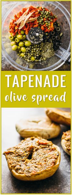 the recipe for tapenade olive bread is shown in this collage with text overlay