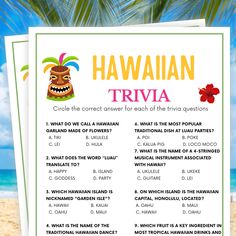 the hawaiian trivia game is on display in front of an ocean view with palm trees