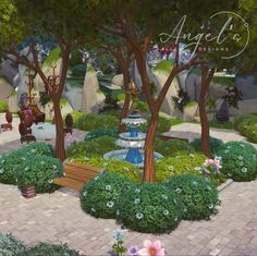 an artist's rendering of a garden with benches and trees