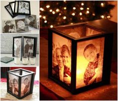 an illuminated lantern with pictures on it