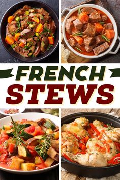 french stews with meat, vegetables and potatoes are shown in this collage from top to bottom