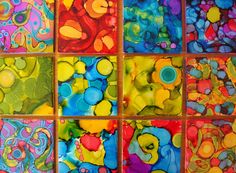 many different colored paintings are arranged in squares