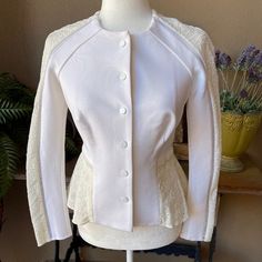 New! Jonathan Simkhai Ivory Lace/Eyelet Peplum Jacket Size 2 Retail: $820. Free Of Odors, Stains, Pulls, Pilling, Holes Or Any Other Flaws. Excellent Condition. Brand New With Tags! Snap Closure. Elevate Your Wardrobe With This Stunning Jonathan Simkhai Peplum Jacket In A Crisp Ivory Color. The Intricate Lace And Eyelet Accents Add A Touch Of Femininity To This Classic Piece. Made With A Viscose/Elastane Outer Shell Material, This Jacket Is Both Comfortable And Stylish. The Jacket Is Designed Fo Designer White Spring Blazer, Designer White Blazer For Spring, White Designer Blazer For Spring, Designer Cream Blazer For Spring, Designer Fitted White Blazer, Designer Fitted White Outerwear, Designer White Fitted Outerwear, Peplum Jacket, Jonathan Simkhai