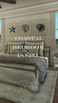 an image of a bedroom setting with the words coastal bedroom inspo in english and spanish