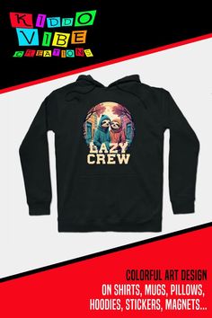 a black hoodie with the words draw crew on it and an image of a sloth