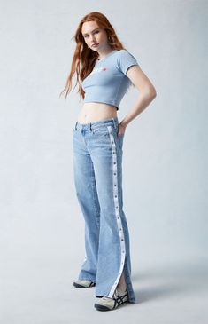 PacSun takes your denim rotation to the next level with the Light Indigo Snap Tearaway Low Rise Wide Leg Jeans. Offering a unique twist on casual style, these jeans feature snap buttons down the sides that create a tearaway design, letting you adjust to show a little leg if you want. A trendy low-rise fit and a wide-leg silhouette round out the details for these ultra-cute and comfy jeans. PacSun Womens Light Indigo Snap Tearaway Low Rise Wide Leg Jeans - Blue size 23 Low Rise Wide Leg Jeans, Jeans Pacsun, Comfy Jeans, Pacsun, Wide Leg Jeans, Leg Jeans, Casual Style, Low Rise, Womens Bottoms