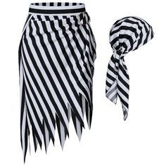 a woman wearing a black and white striped skirt with a tie around her waist,