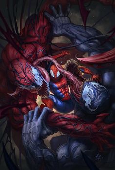 the amazing spider - man is being attacked by an evil looking creature with his arms stretched out