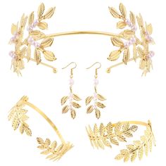 PRICES MAY VARY. Set Content: This greek goddess accessories set includes 1pcs faux pearl leaf hair band, 2pcs greek leaf bracelets, 1 pair of delicate earrings, classic and beautiful greek jewelry set, make you like a real princess, suitable for all kinds of hairstyles and different styles of dresses, fully able to satisfy your needs for all kinds of decorations and attending events. Reliable Material: These greek jewelry for women accessories are made of good alloy and artificial pearl materia Goddess Costume Accessories, Upper Arm Cuff Bracelet, Gold Arm Cuff, Upper Arm Cuff, Toga Party, Ancient Greek Jewelry, Leaf Headband, Arm Cuff Bracelet, Arm Bracelets Upper