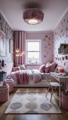 a bedroom with pink walls and carpeted flooring is decorated in pastel tones