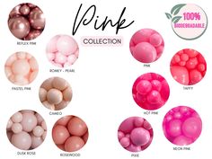 the pink collection is shown with different colors and shapes for each balloon, which are filled with