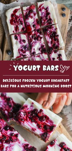 yogurt bars with blueberries and raspberry sauce on top are cut into squares