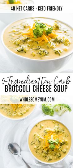 broccoli cheese soup in a white bowl with text overlay that reads, 5 ingredient low carb broccoli cheese soup