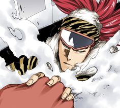 an anime character with red hair and sunglasses on his head is punching another person's hand