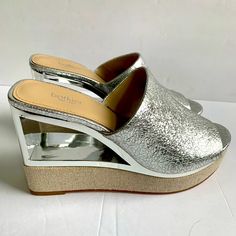 Take A Walk On The Wild Side With These Fun Botkier New York Willow Slip-On Slide Sandals Leather Silver Size 6. 4” Inch Unique Geometric Mirror Heels Brand New Modern Formal Wedge Sandals For Summer, Modern Wedge Sandals For Spring, Elegant Slip-on Wedge Sandals For Spring, Spring Evening Wedge Sandals With Stacked Heel, Modern Wedge Sandals With 4-inch Heel For Summer, Spring Formal Platform Wedge Sandals, Formal Spring Wedge Sandals With Open Heel, Formal Open Heel Wedge Sandals For Spring, Spring Evening Wedge Sandals With Deep Heel Cup