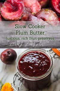 a jar filled with plum butter next to sliced plums