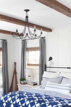 a bedroom with white walls and blue bedding