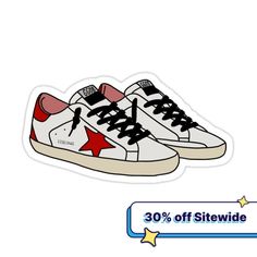 a pair of white sneakers with red and blue stars on the side, sticker