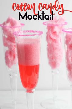 three wine glasses filled with pink cotton candy and the text, how to make cotton candy cocktail