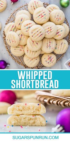 an image of whipped shortbread cookies with sprinkles on top and in the background