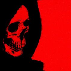 a skull wearing a hooded jacket and holding a cell phone up to the camera in front of a red background