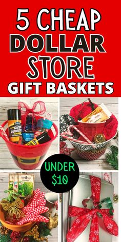 text reads, "5 cheap dollar store gift baskets under $10", collage of dollar store gifts Dollar Store Gift Baskets, Cheap Diy Gift, Christmas Budget Ideas, Dollar Store Gifts, Homemade Gift Baskets