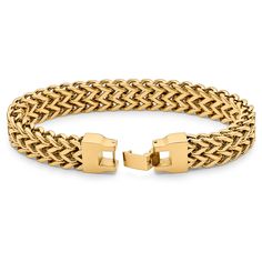 * Comfortable, skin-friendly links
 * Titanium nitride coating
 * Secure fold-over clasp Gold-tone Rectangular Links Chain Bracelet, Gold-tone Chain Bracelet With Rectangular Box Links, Luxury Gold-tone Link Bracelets, Gold-tone Stainless Steel Jubilee Bracelet, Luxury Gold-tone Chain Link Bracelets, Bracelet Sizes, Chain Bracelet, Bones, Fort