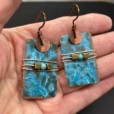 Patina Copper, Plastic Earrings, Bangles Making, Copper Patina, Copper Earrings, Blue Earrings, Silver Bangles, Copper Jewelry, Bohemian Jewelry